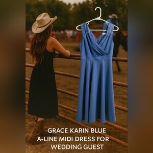 Grace Karin Blue A-Line Midi Dress for Wedding Guest